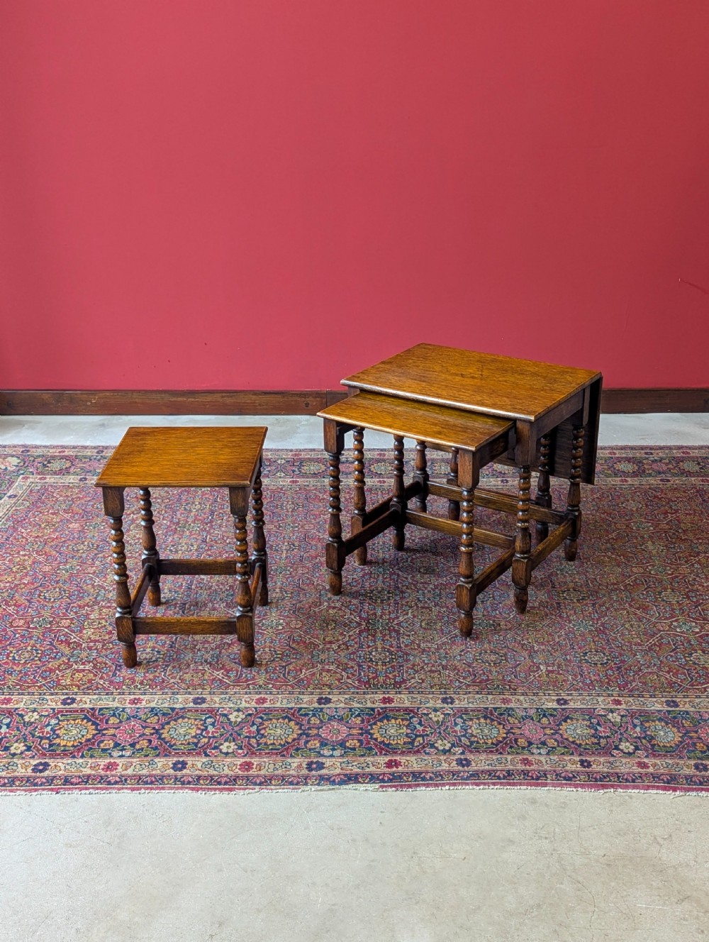 Antique Early 20th Century Oak Bobbin Nest of Tables View VIII