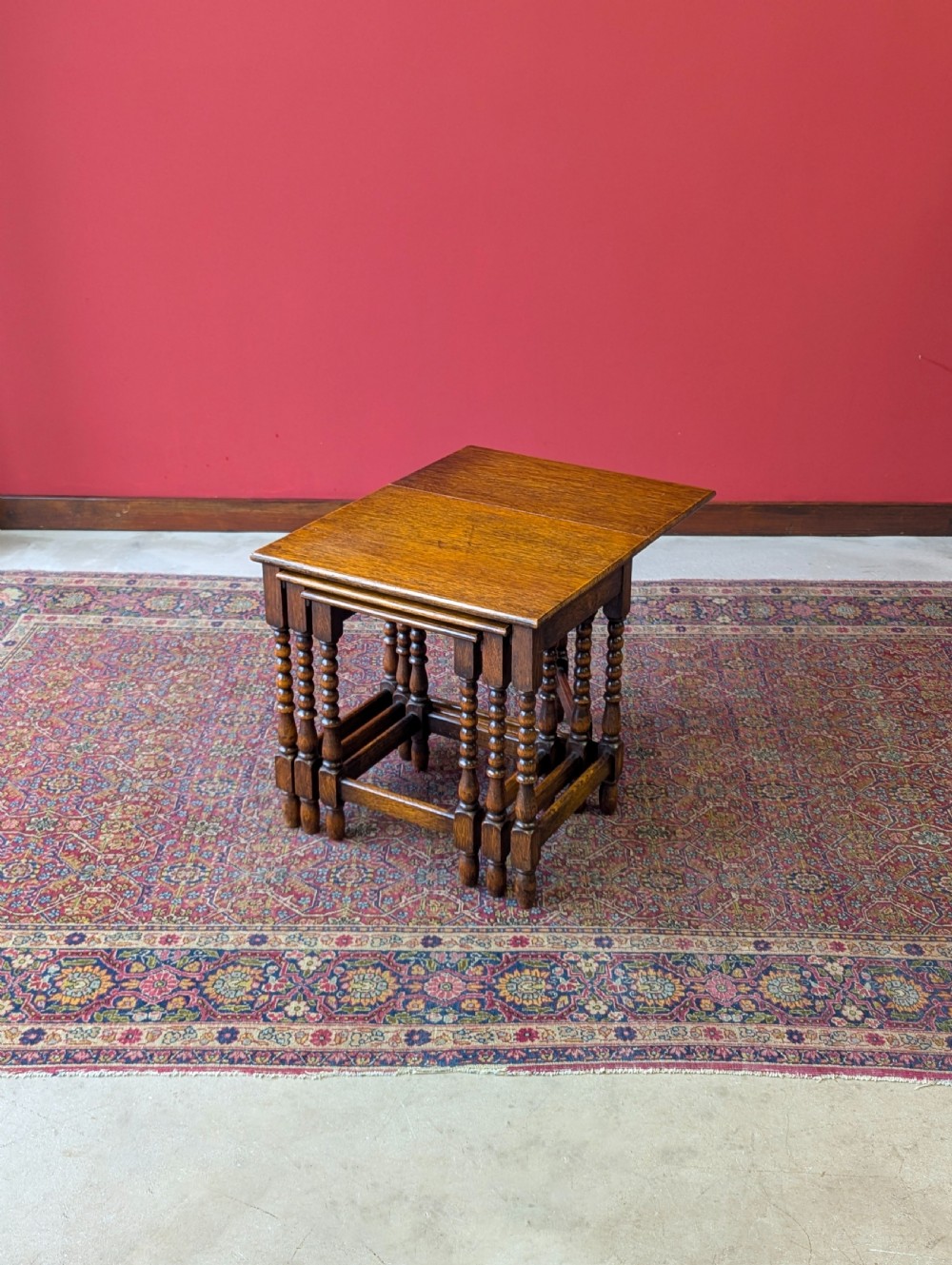 Antique Early 20th Century Oak Bobbin Nest of Tables View X