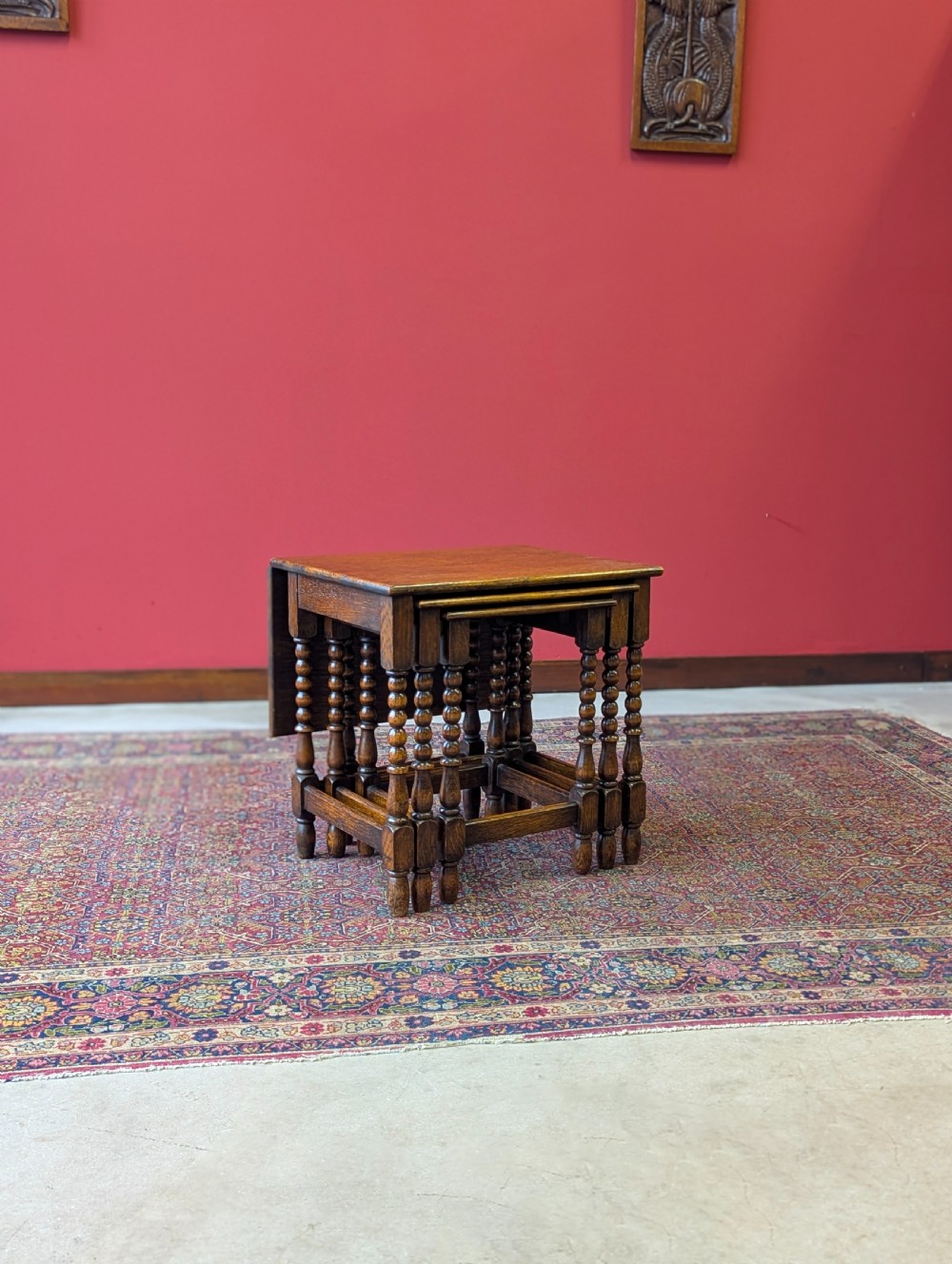 Antique Early 20th Century Oak Bobbin Nest of Tables View XI