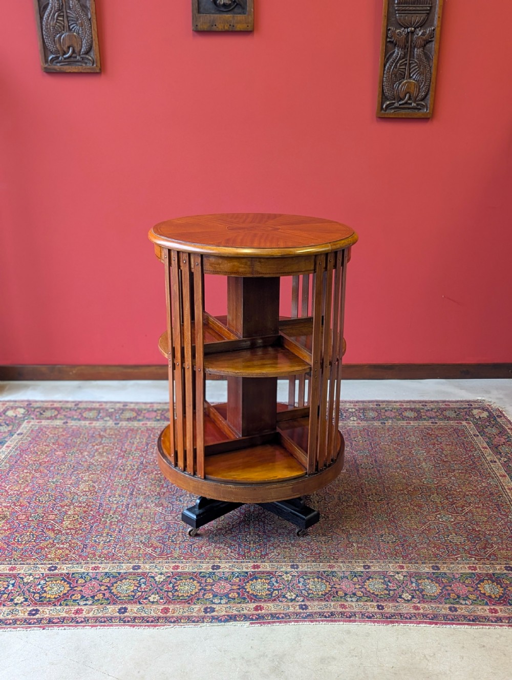 Antique Edwardian Inlaid Mahogany Circular Revolving Bookcase Circa 1910