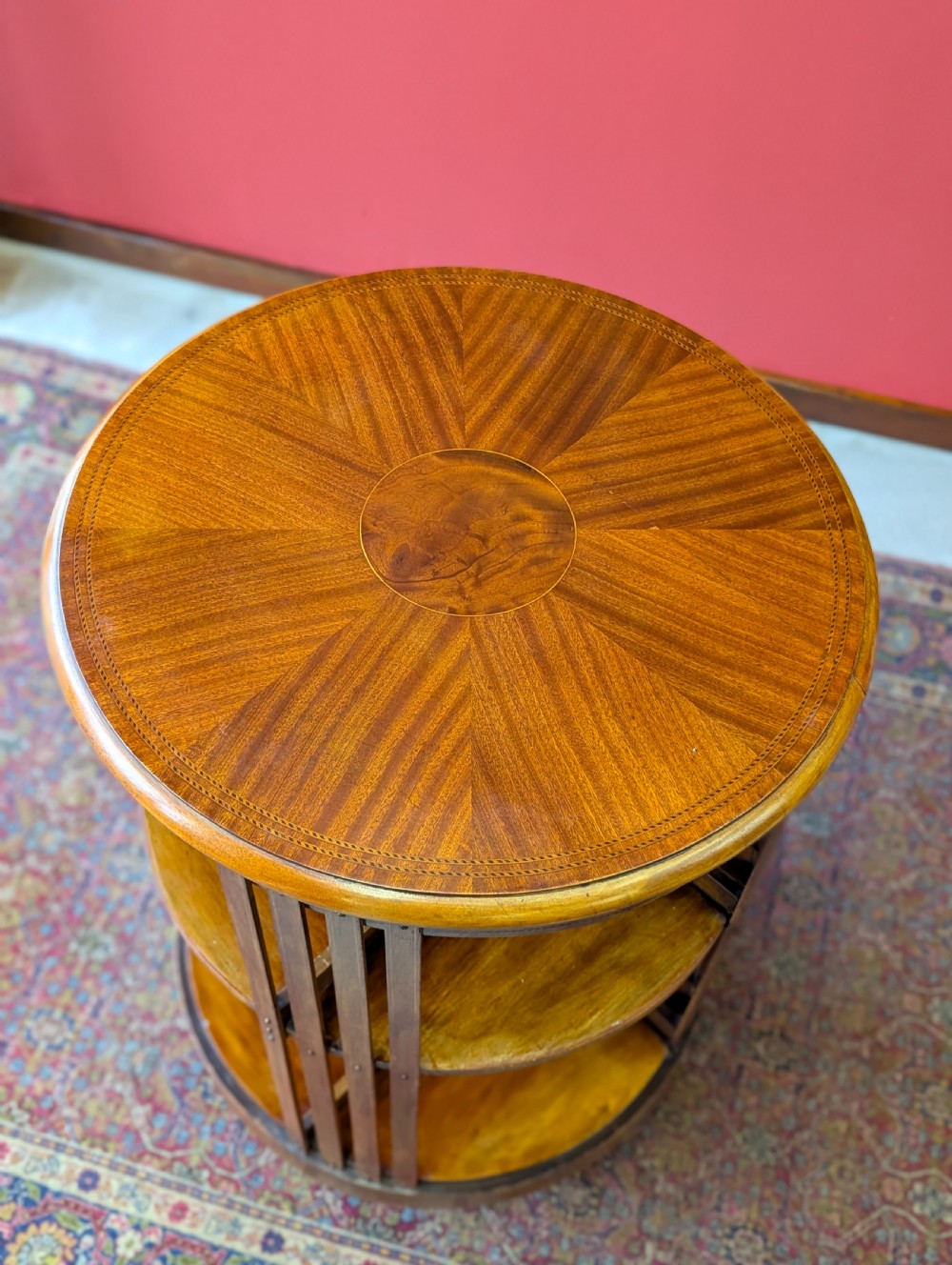 Antique Edwardian Inlaid Mahogany Circular Revolving Bookcase Circa 1910 View III