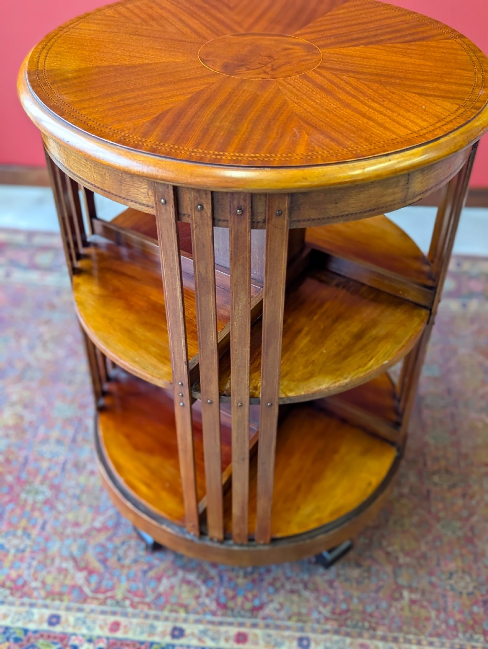 Antique Edwardian Inlaid Mahogany Circular Revolving Bookcase Circa 1910 View IX