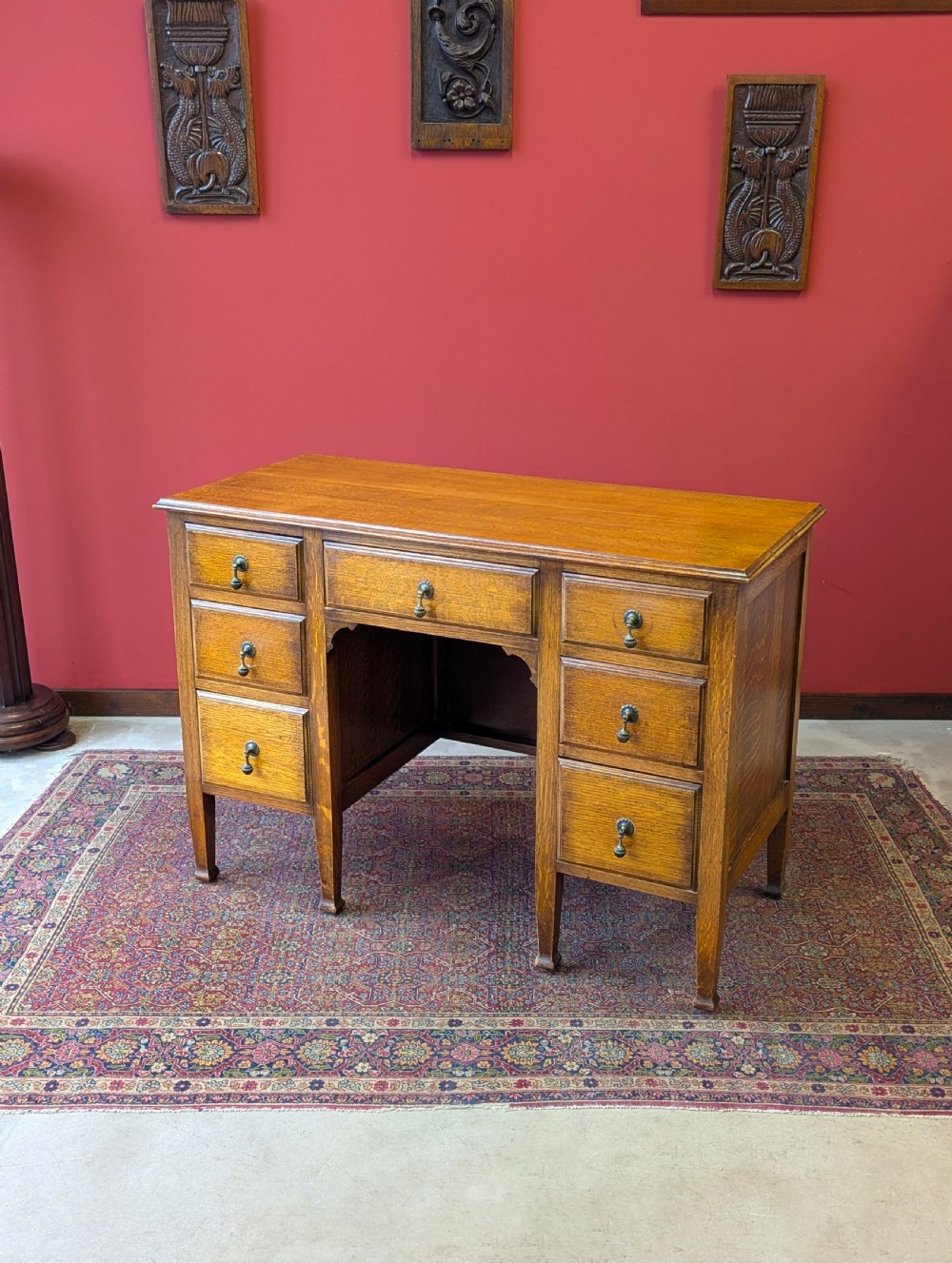 Antique Edwardian Golden Oak Kneehole Writing Desk
