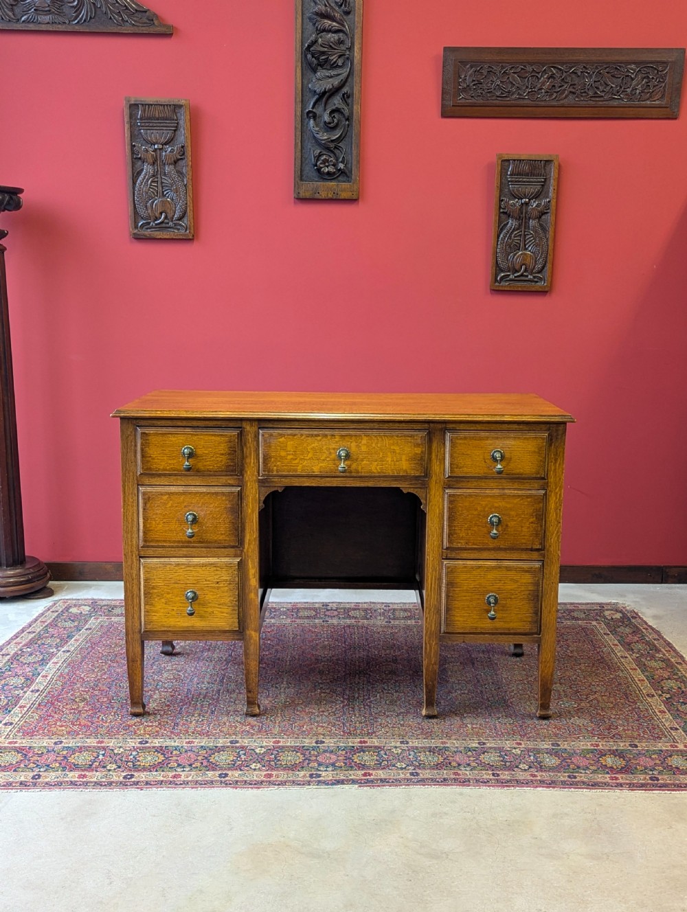 Antique Edwardian Golden Oak Kneehole Writing Desk View II