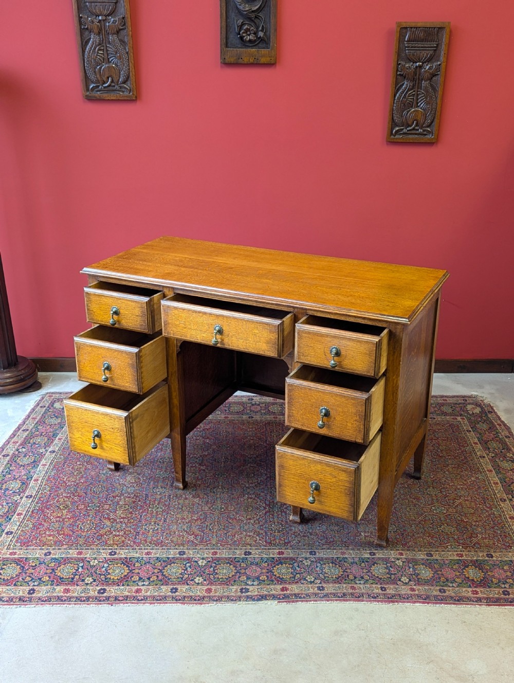 Antique Edwardian Golden Oak Kneehole Writing Desk View III