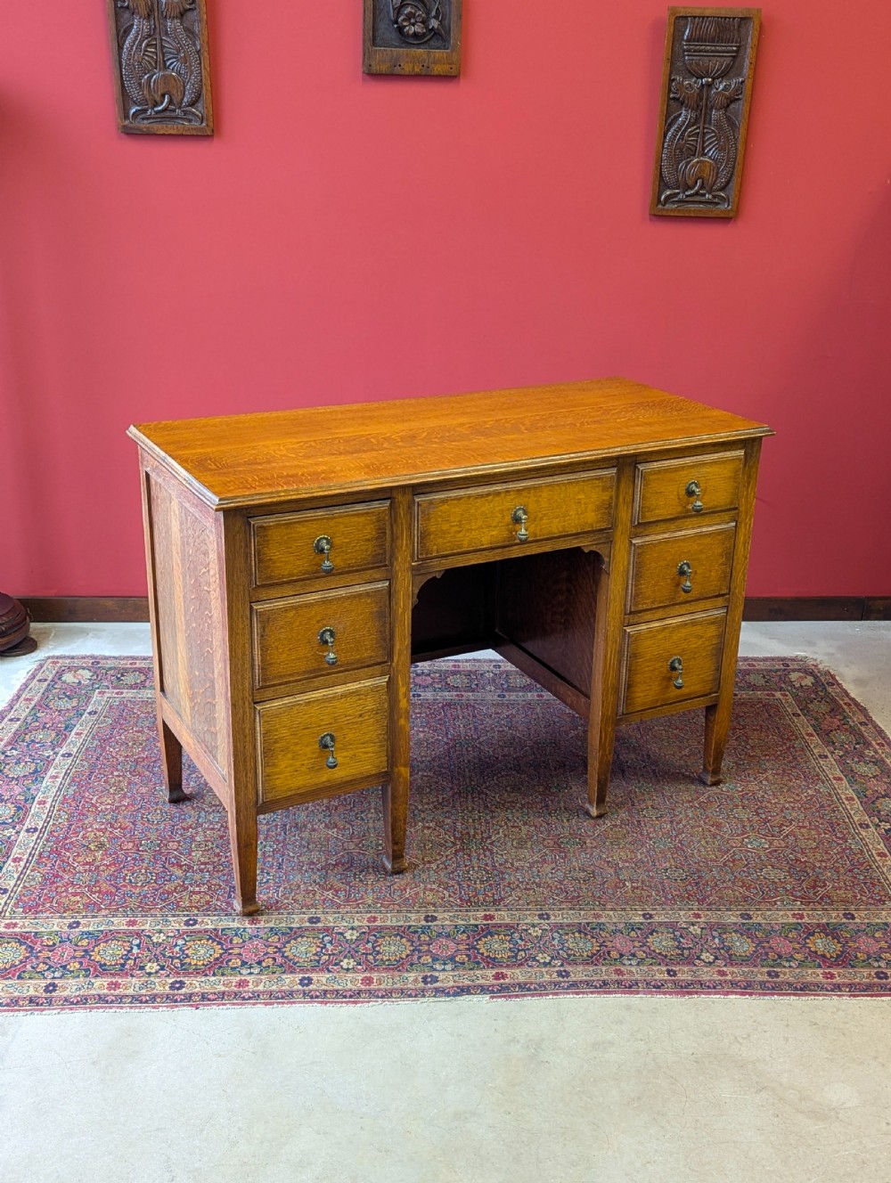 Antique Edwardian Golden Oak Kneehole Writing Desk View IV