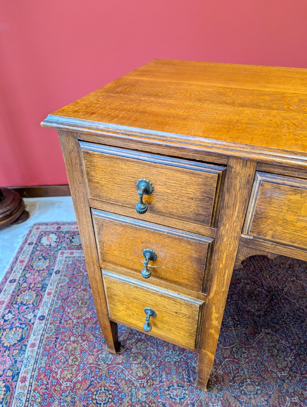 Antique Edwardian Golden Oak Kneehole Writing Desk View V