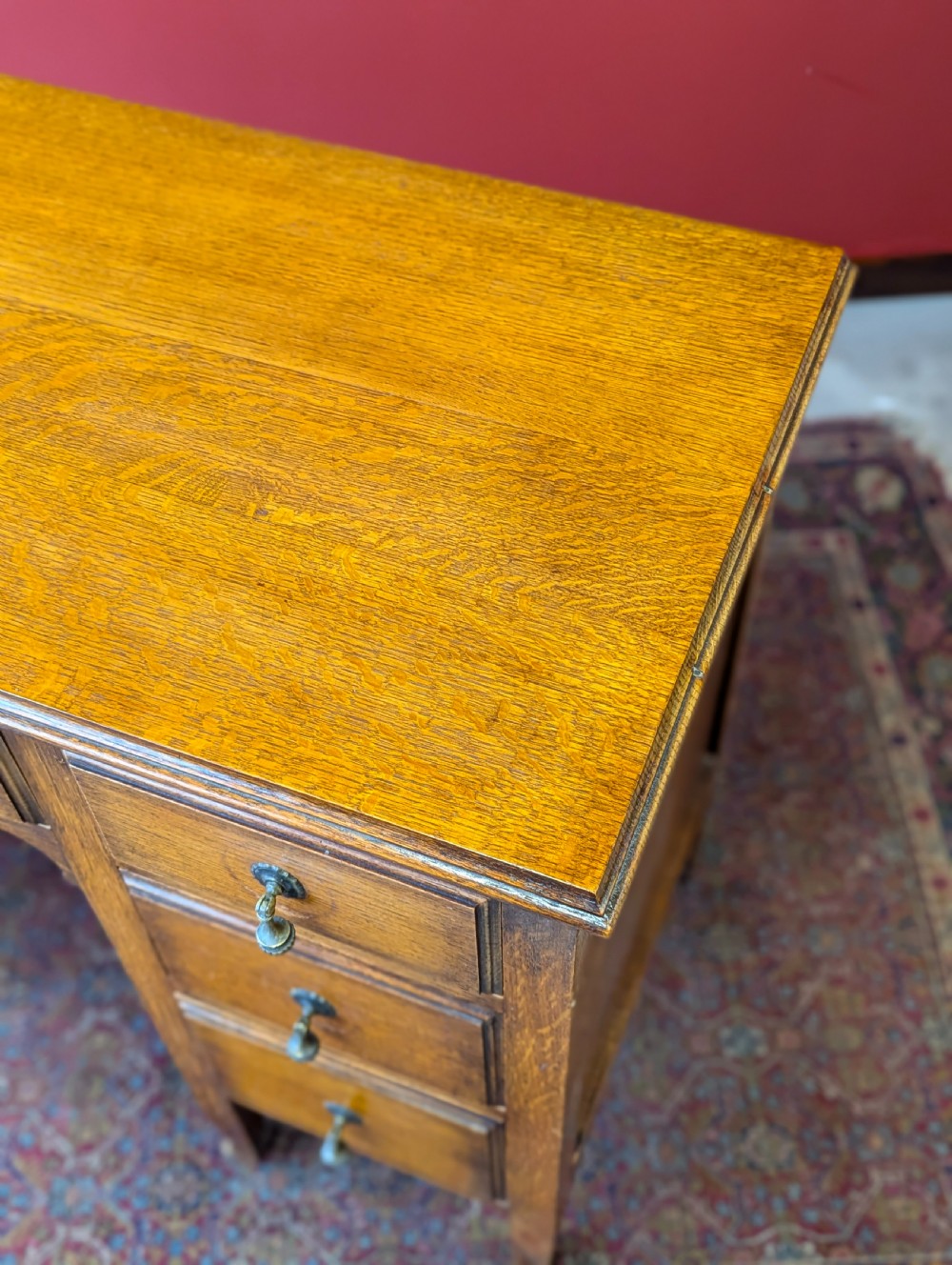 Antique Edwardian Golden Oak Kneehole Writing Desk View VI