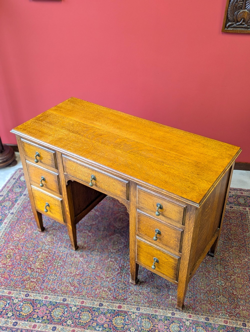 Antique Edwardian Golden Oak Kneehole Writing Desk View VII