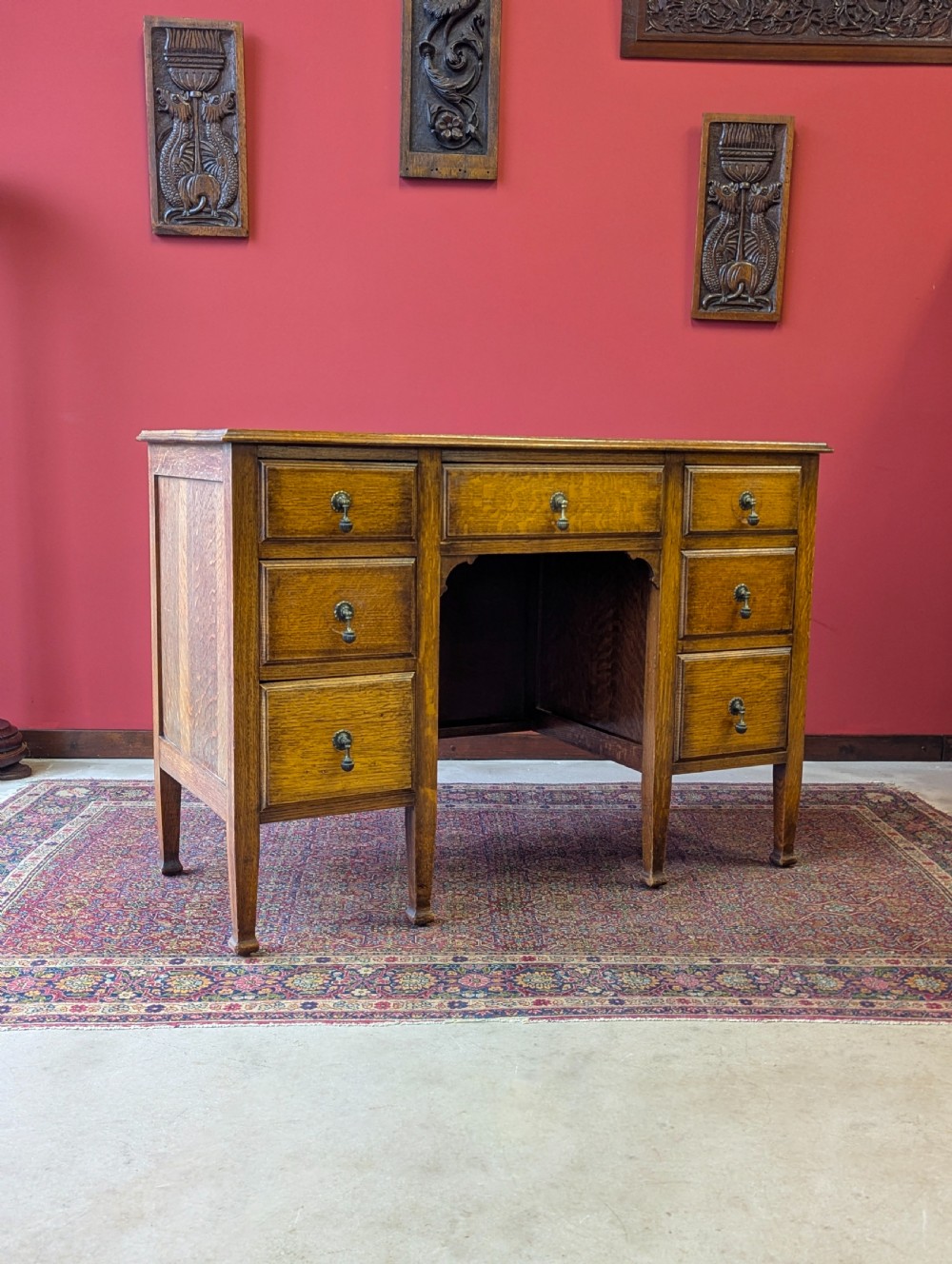 Antique Edwardian Golden Oak Kneehole Writing Desk View VIII