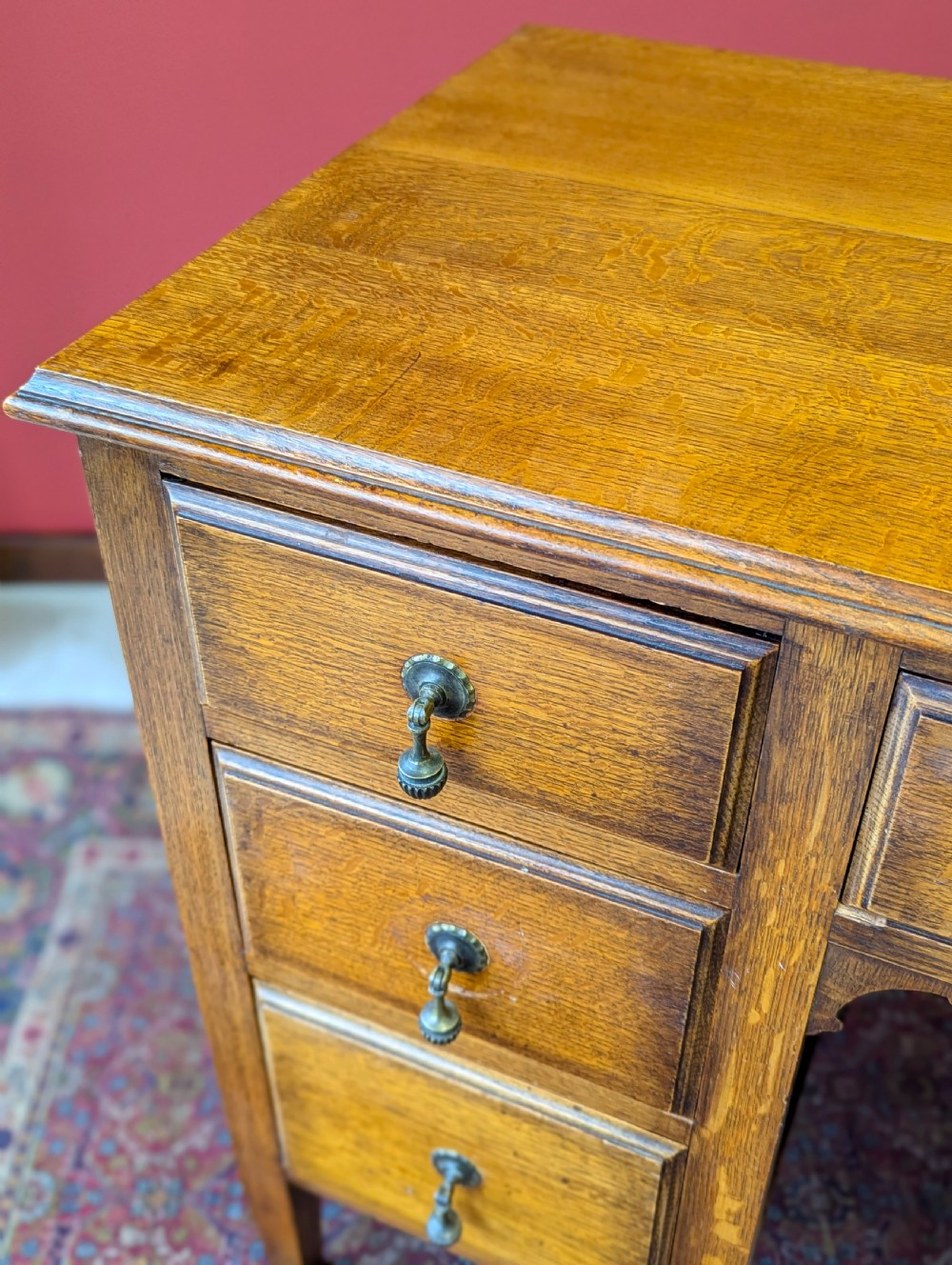 Antique Edwardian Golden Oak Kneehole Writing Desk View IX