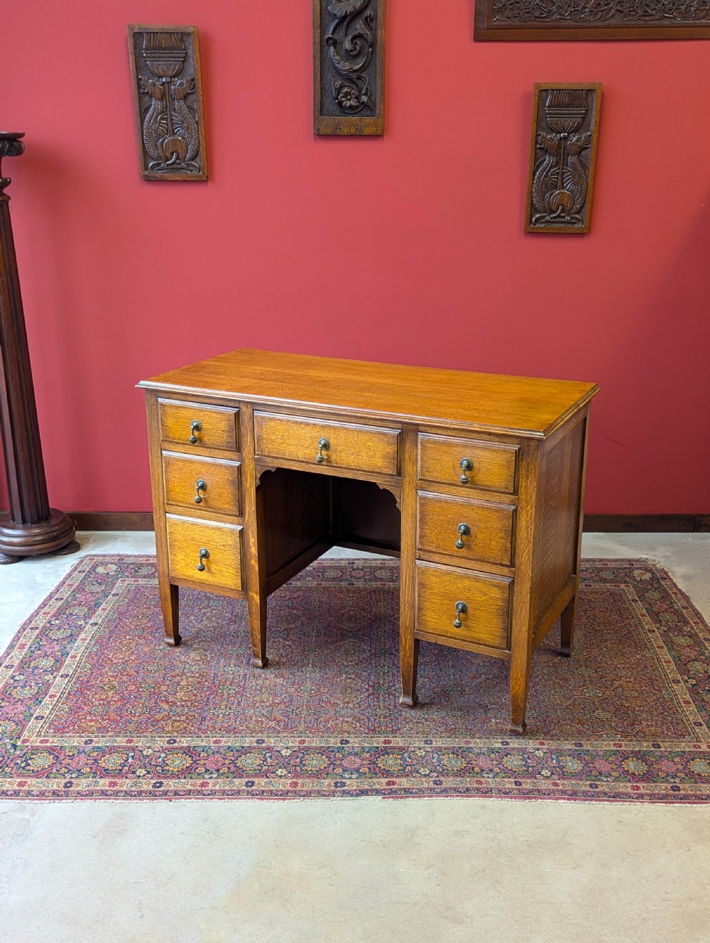 Antique Edwardian Golden Oak Kneehole Writing Desk View X