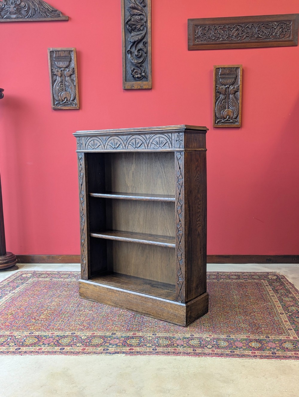 Antique Edwardian Carved Oak Open Bookcase