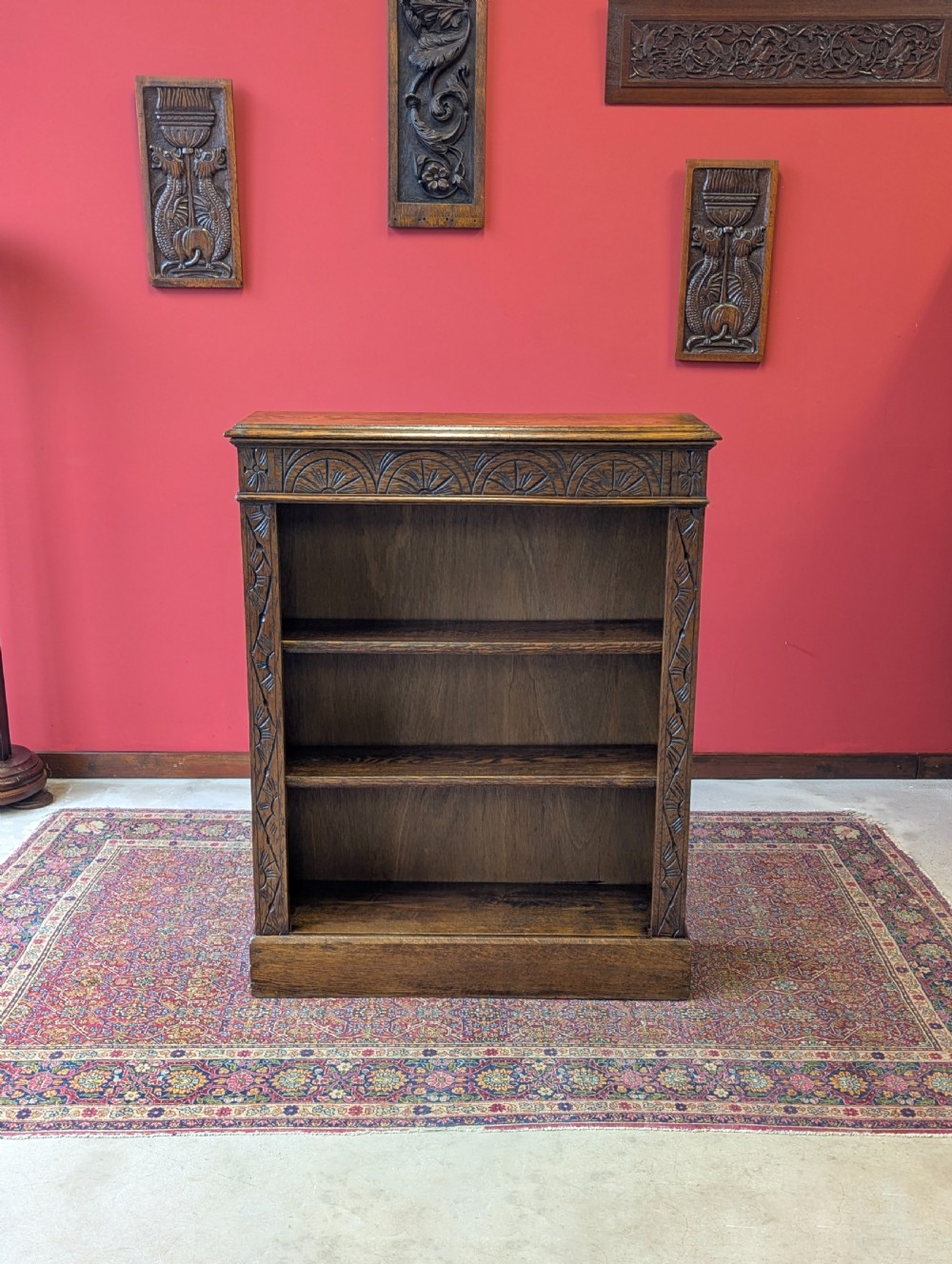 Antique Edwardian Carved Oak Open Bookcase View II