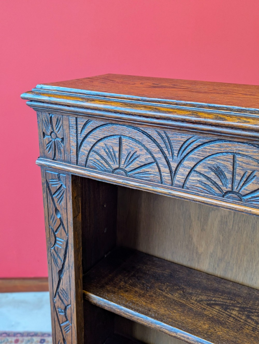 Antique Edwardian Carved Oak Open Bookcase View III