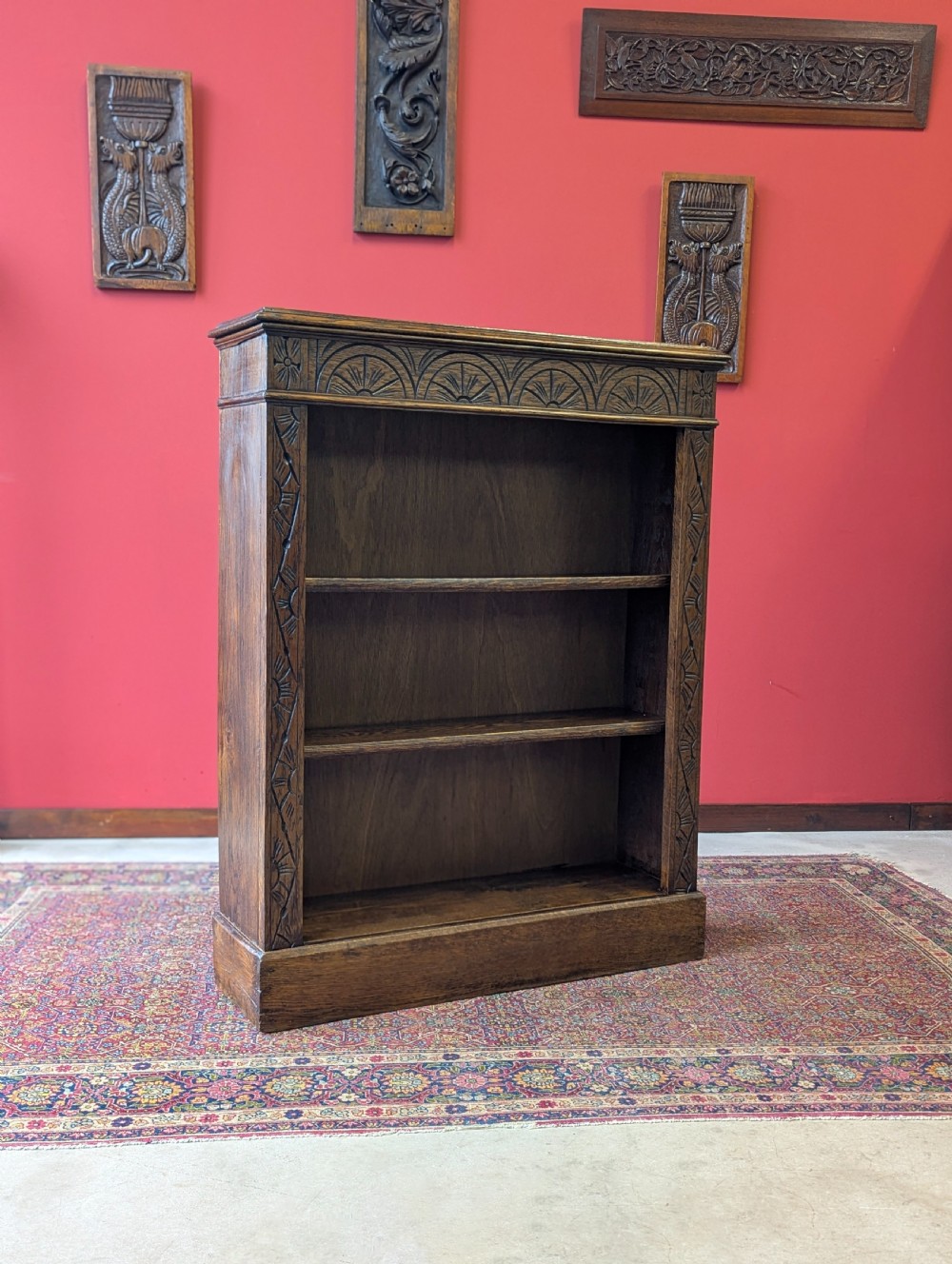 Antique Edwardian Carved Oak Open Bookcase View IV