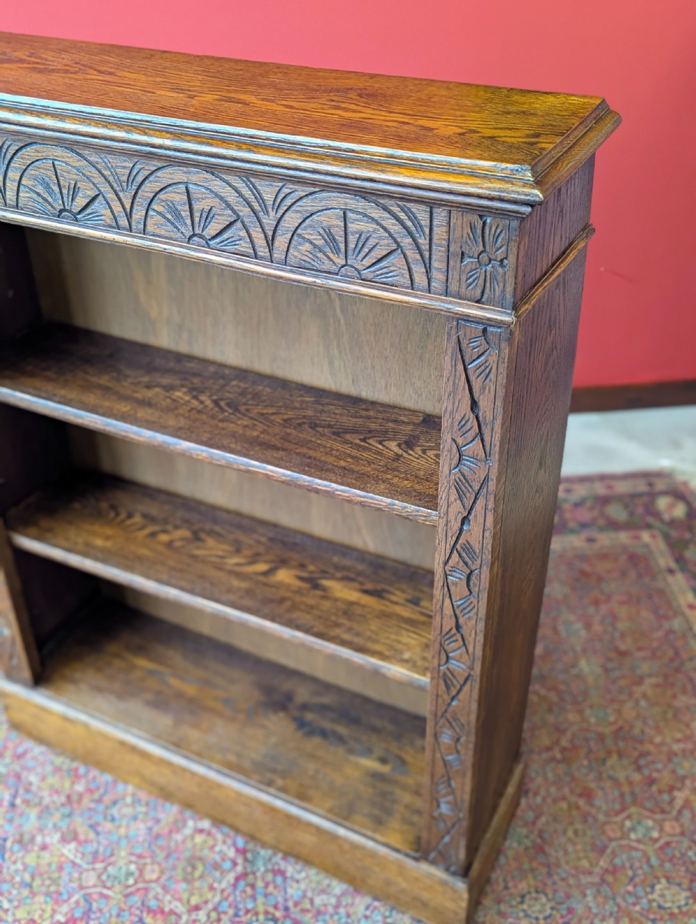Antique Edwardian Carved Oak Open Bookcase View V