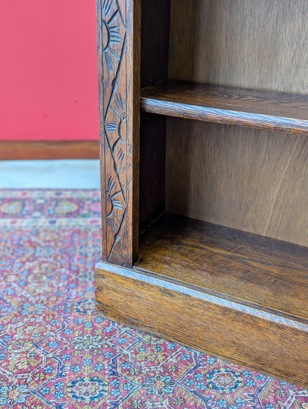 Antique Edwardian Carved Oak Open Bookcase View VI