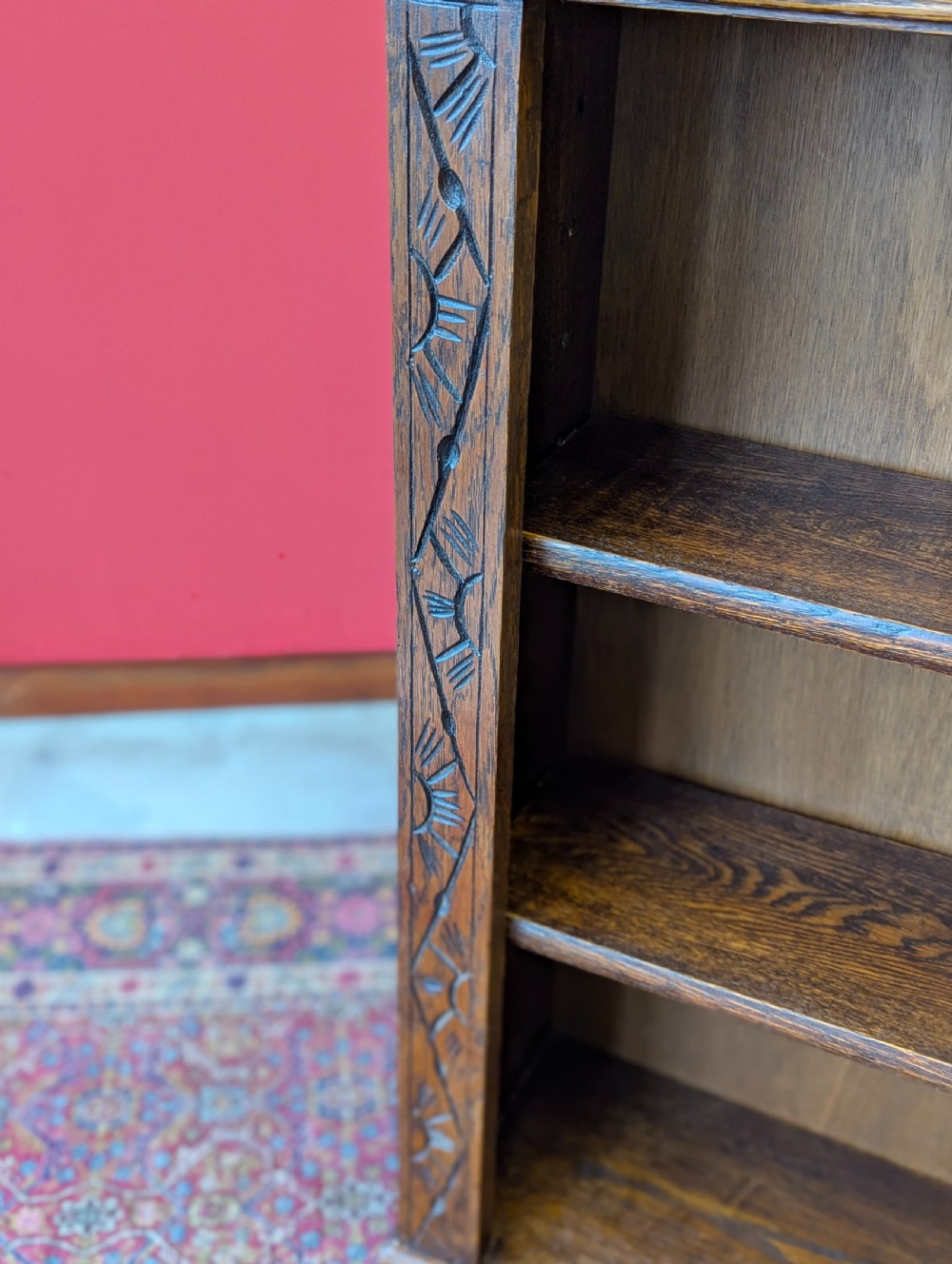 Antique Edwardian Carved Oak Open Bookcase View VII