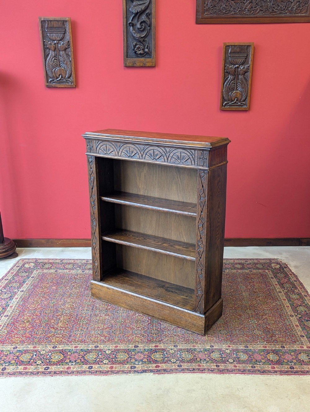 Antique Edwardian Carved Oak Open Bookcase View VIII