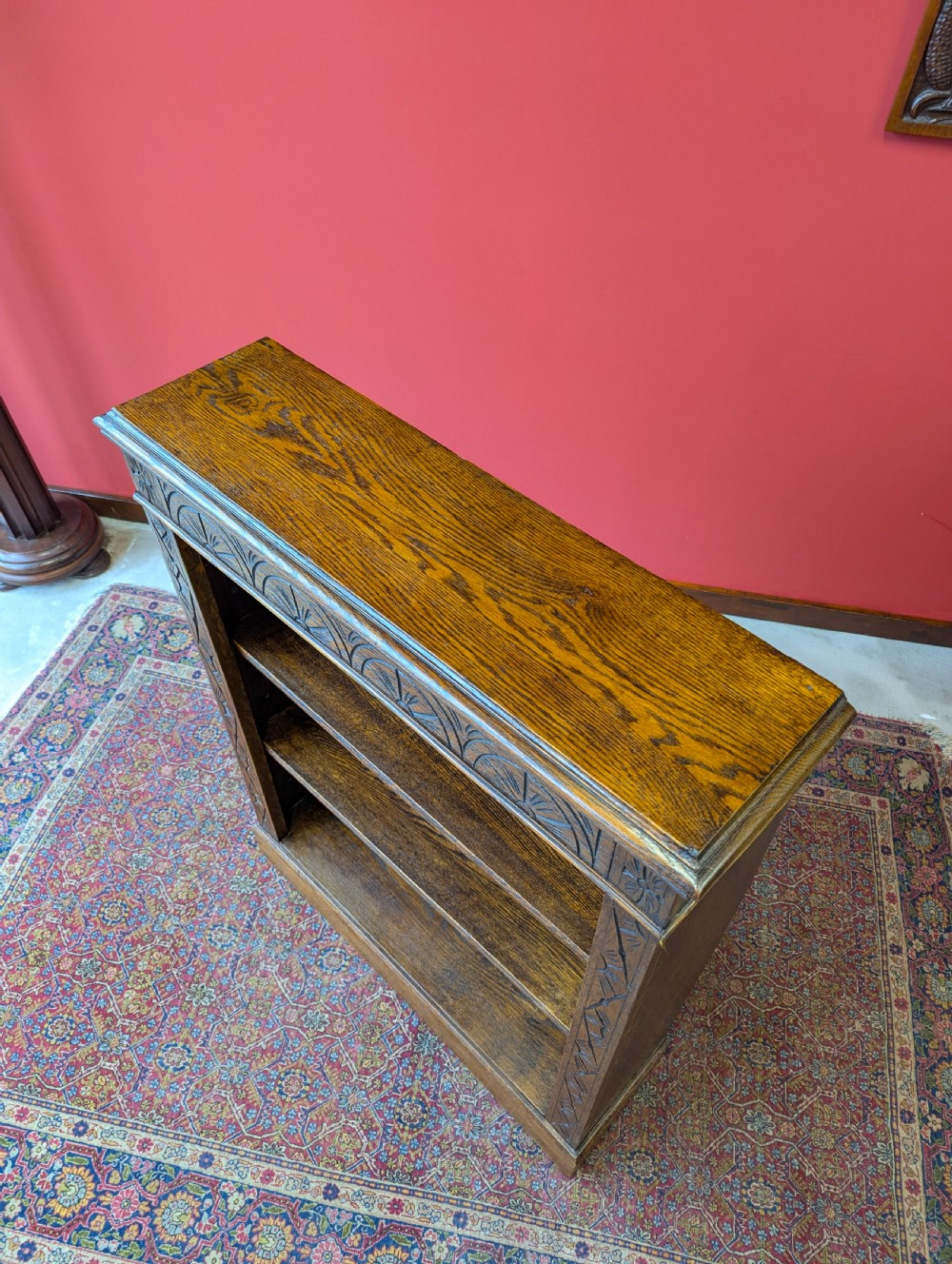 Antique Edwardian Carved Oak Open Bookcase View IX