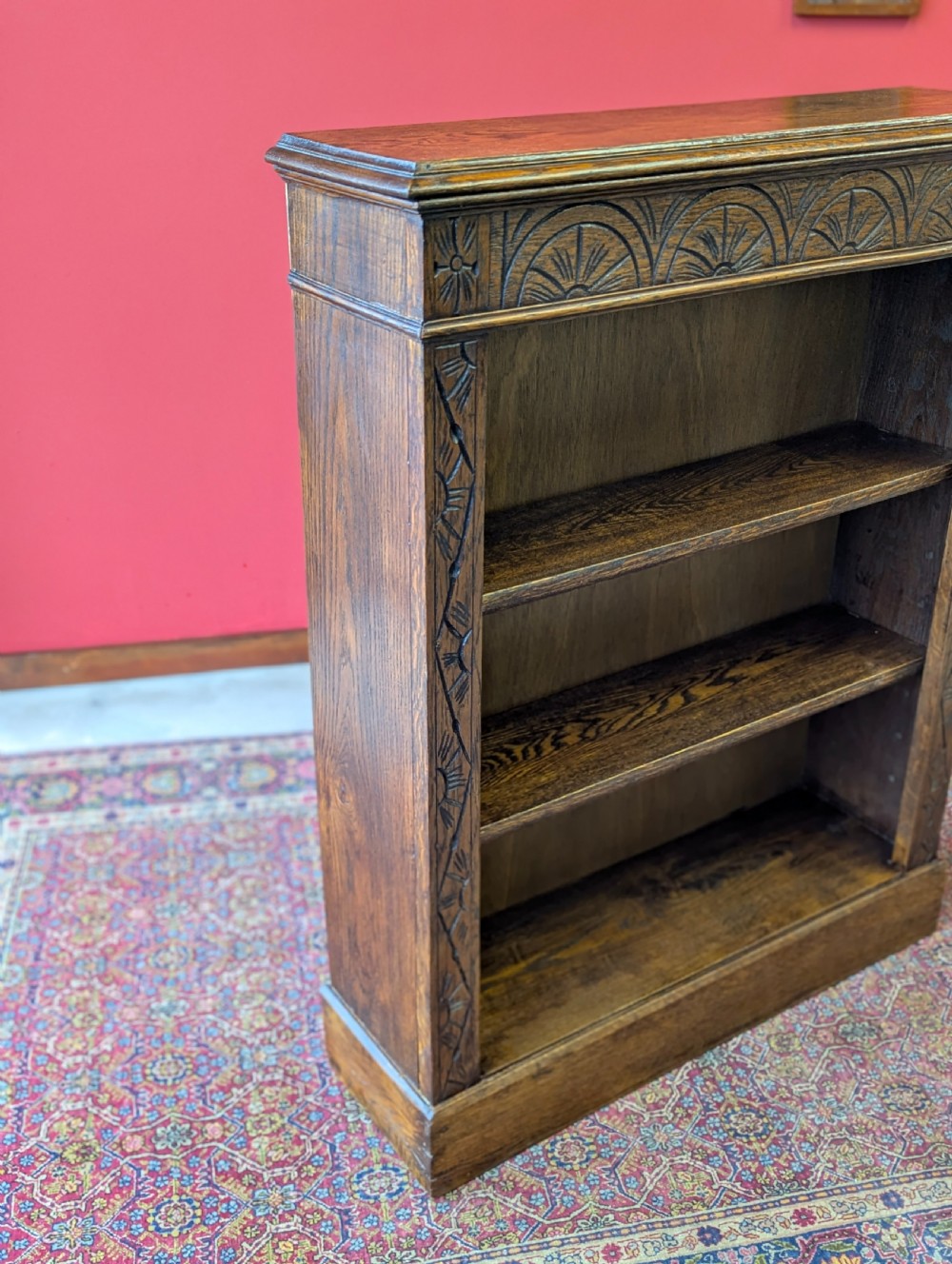 Antique Edwardian Carved Oak Open Bookcase View X