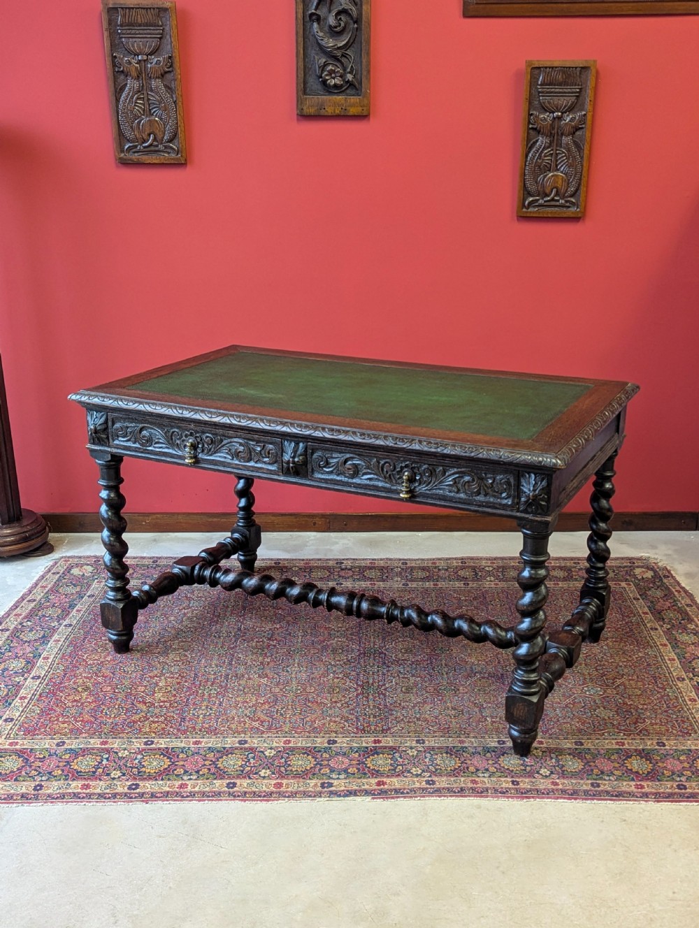 Antique Victorian Carved Oak Library Table by Heals
