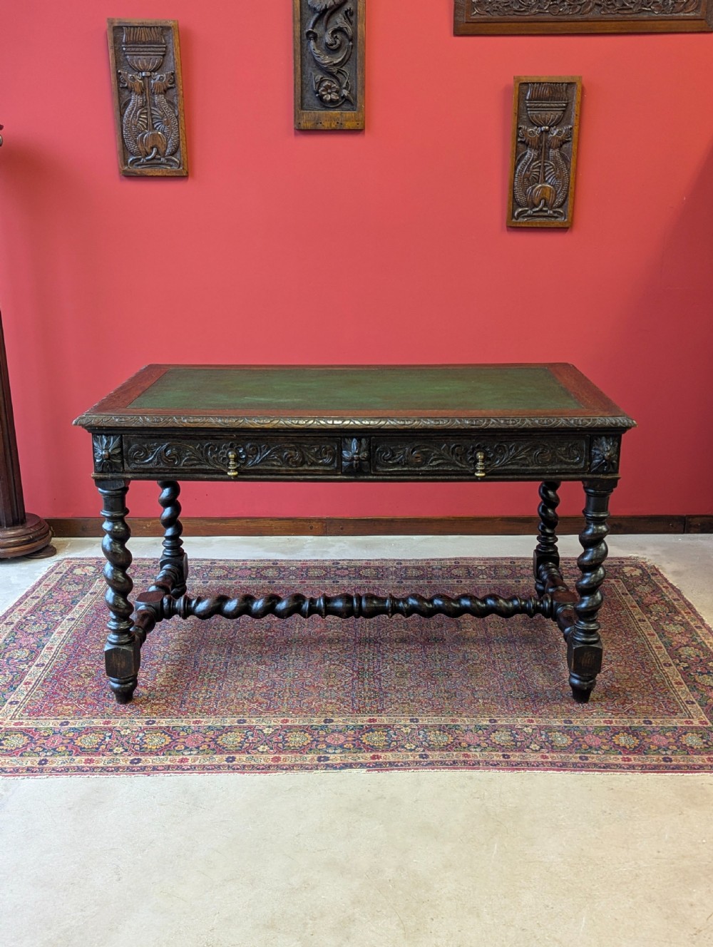 Antique Victorian Carved Oak Library Table by Heals View II