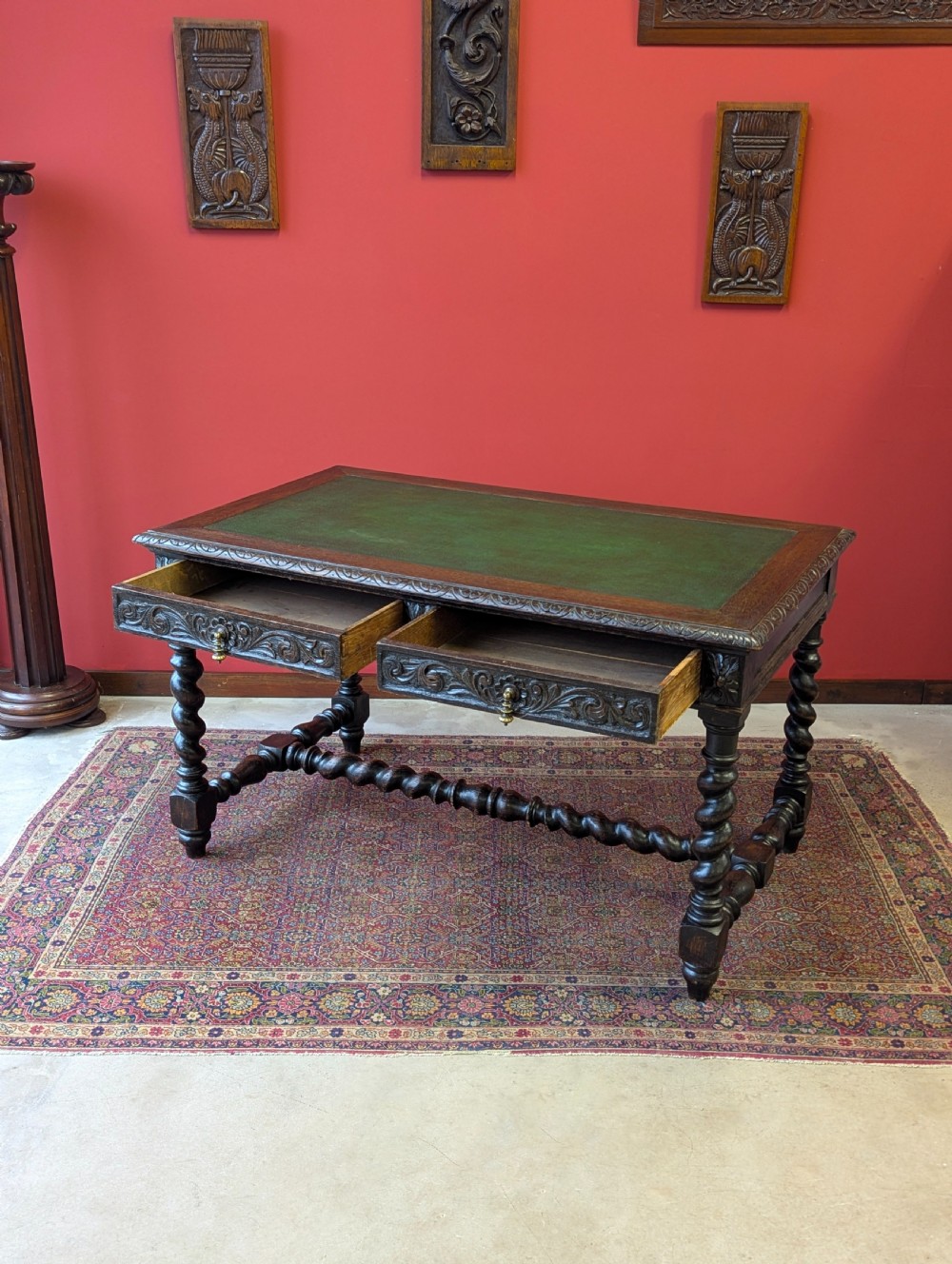Antique Victorian Carved Oak Library Table by Heals View IV