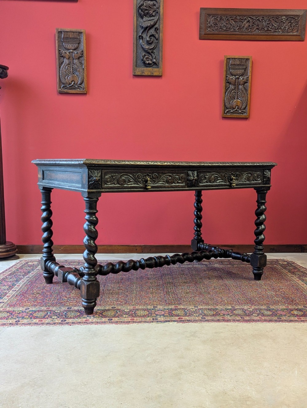 Antique Victorian Carved Oak Library Table by Heals View VI