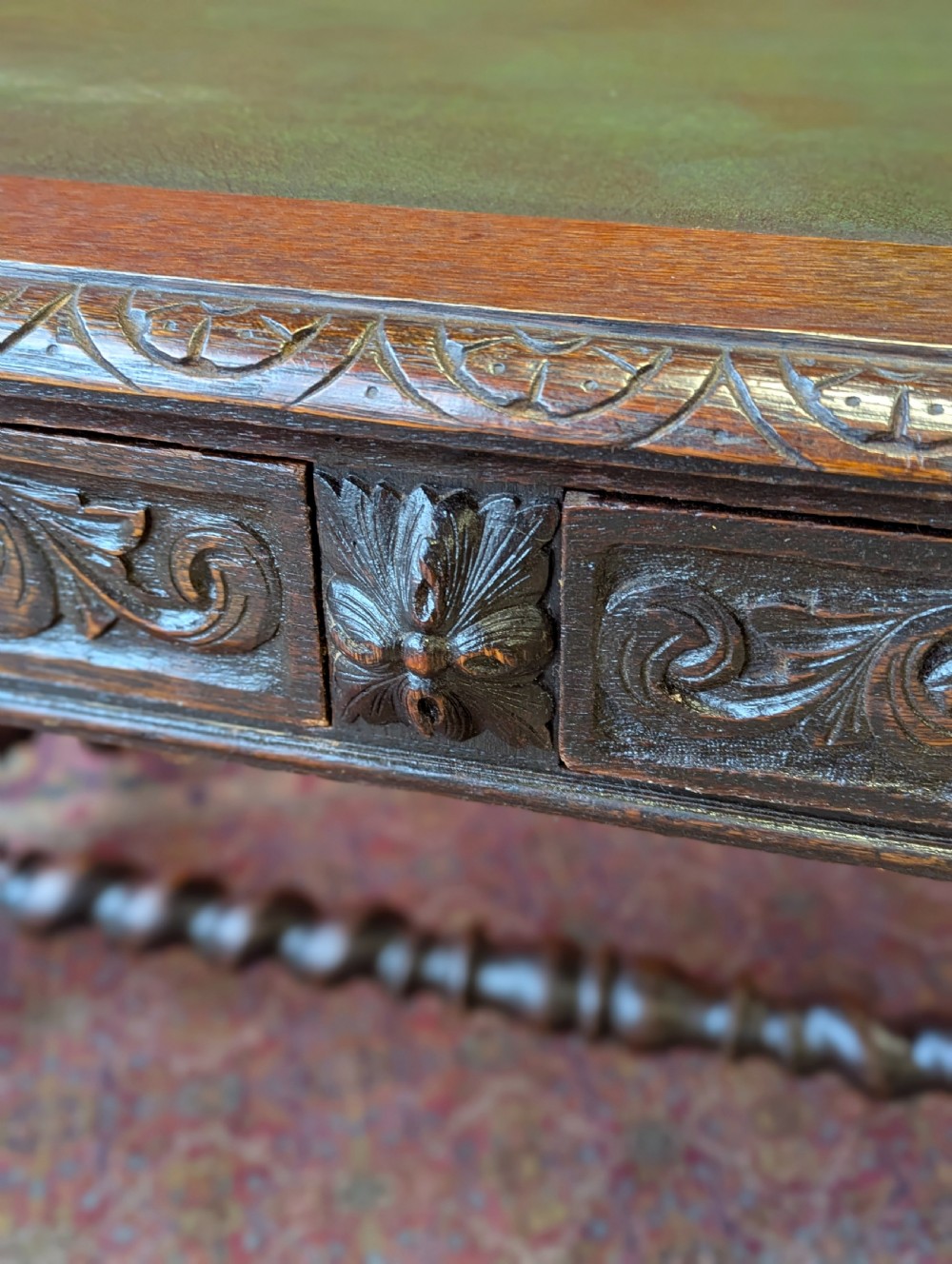 Antique Victorian Carved Oak Library Table by Heals View VII