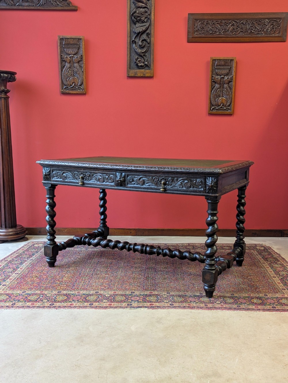 Antique Victorian Carved Oak Library Table by Heals View VIII