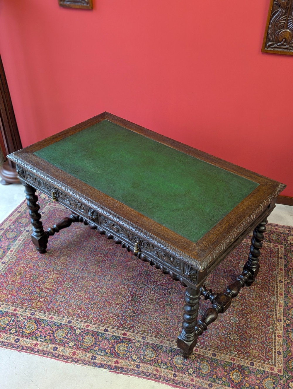 Antique Victorian Carved Oak Library Table by Heals View IX