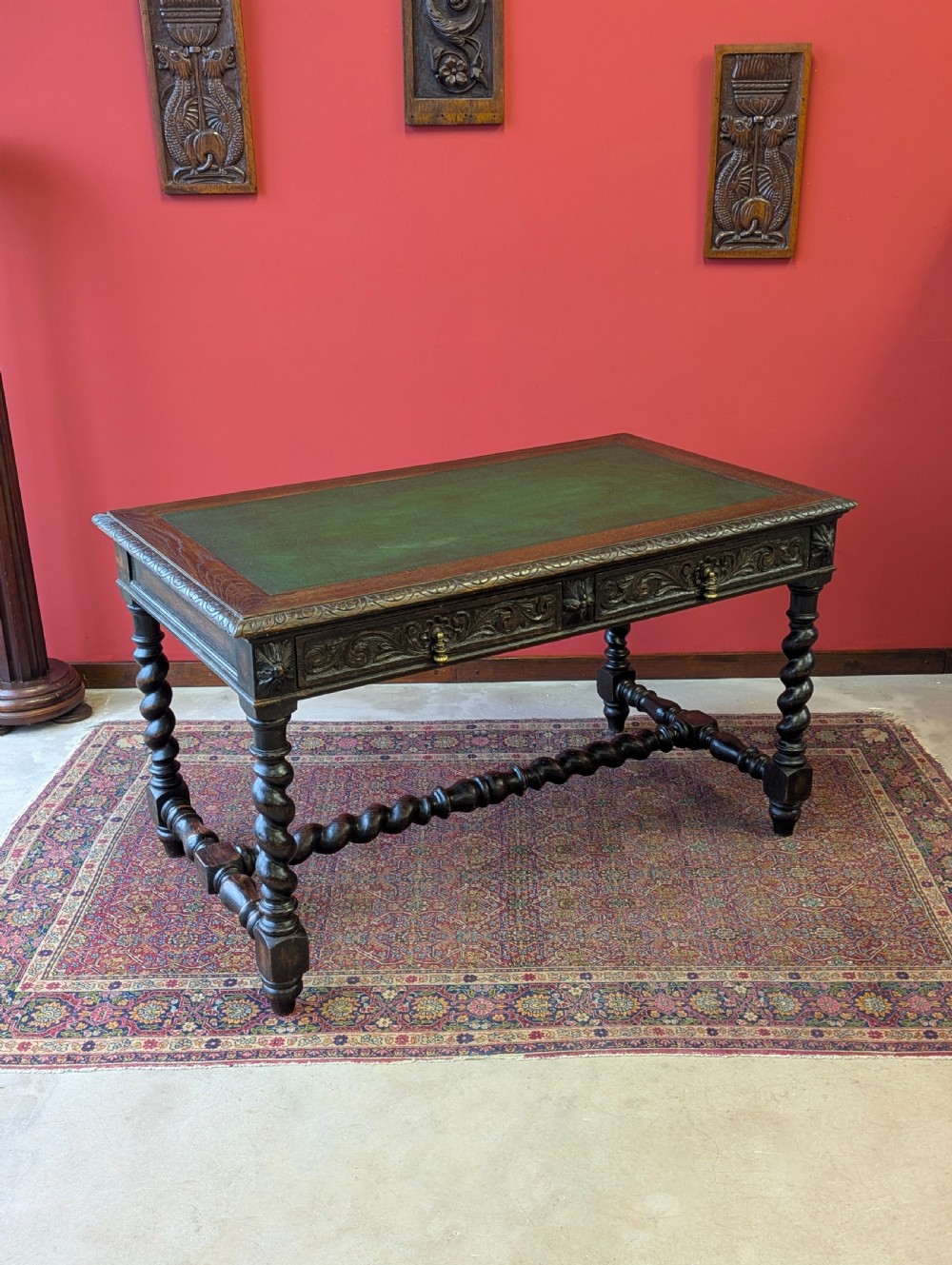 Antique Victorian Carved Oak Library Table by Heals View X