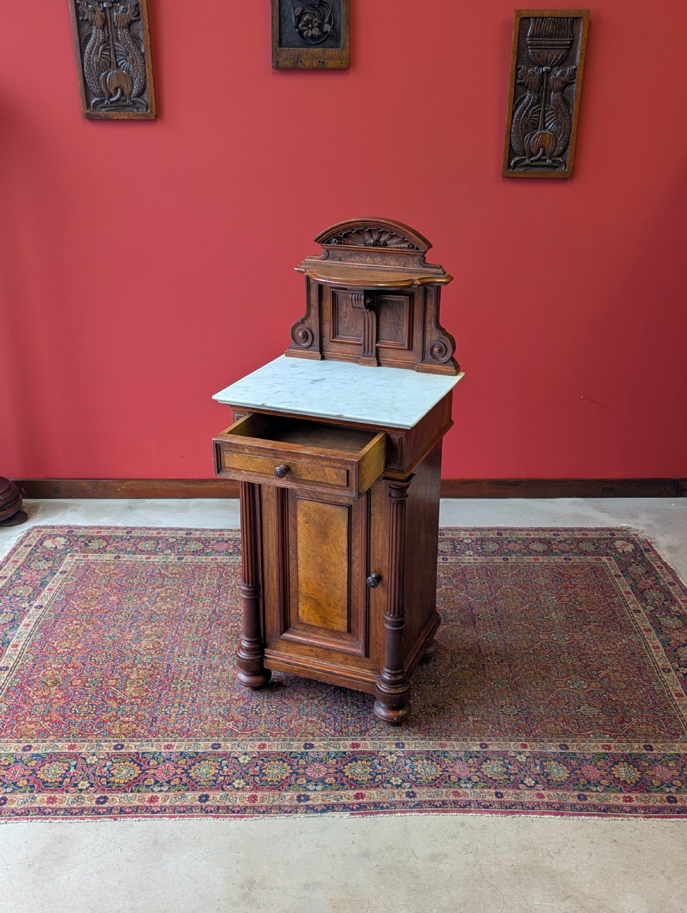 Antique Victorian Walnut Marble Topped Nightstand Bedside Pot Cupboard View IV