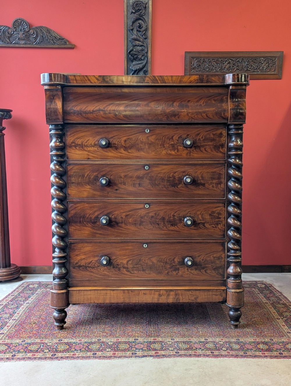 Antique Edwardian Flame Mahogany Scotch Chest of Drawers