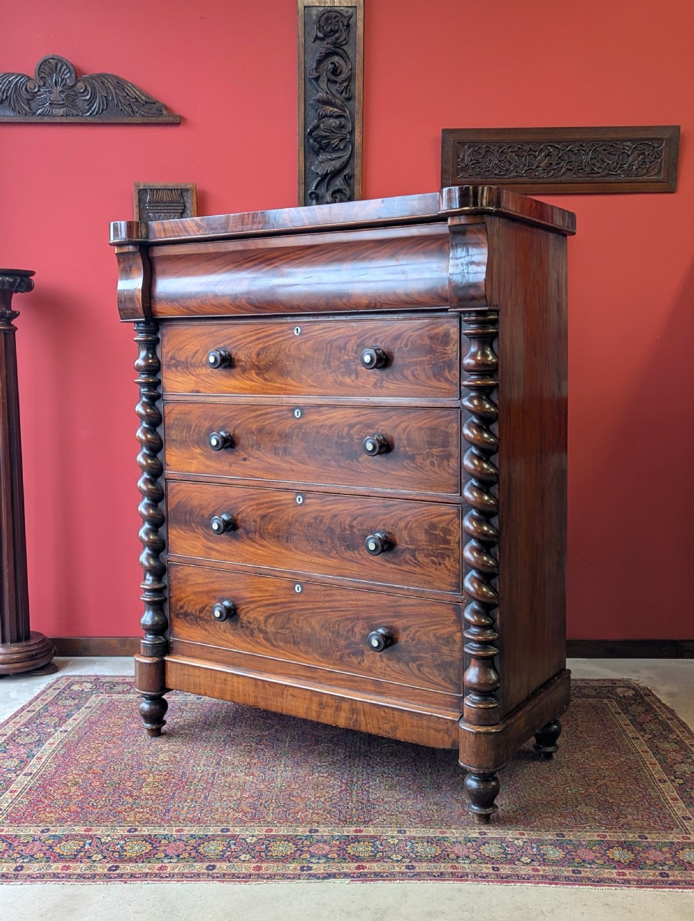 Antique Edwardian Flame Mahogany Scotch Chest of Drawers View II