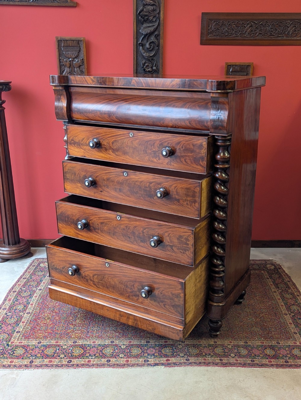 Antique Edwardian Flame Mahogany Scotch Chest of Drawers View III