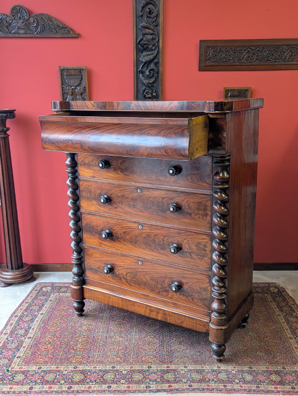 Antique Edwardian Flame Mahogany Scotch Chest of Drawers View IV