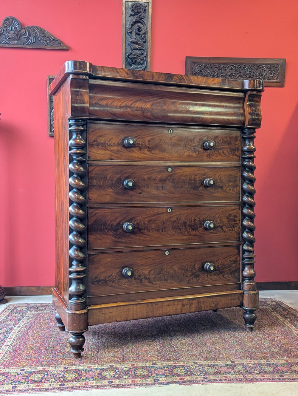 Antique Edwardian Flame Mahogany Scotch Chest of Drawers View V