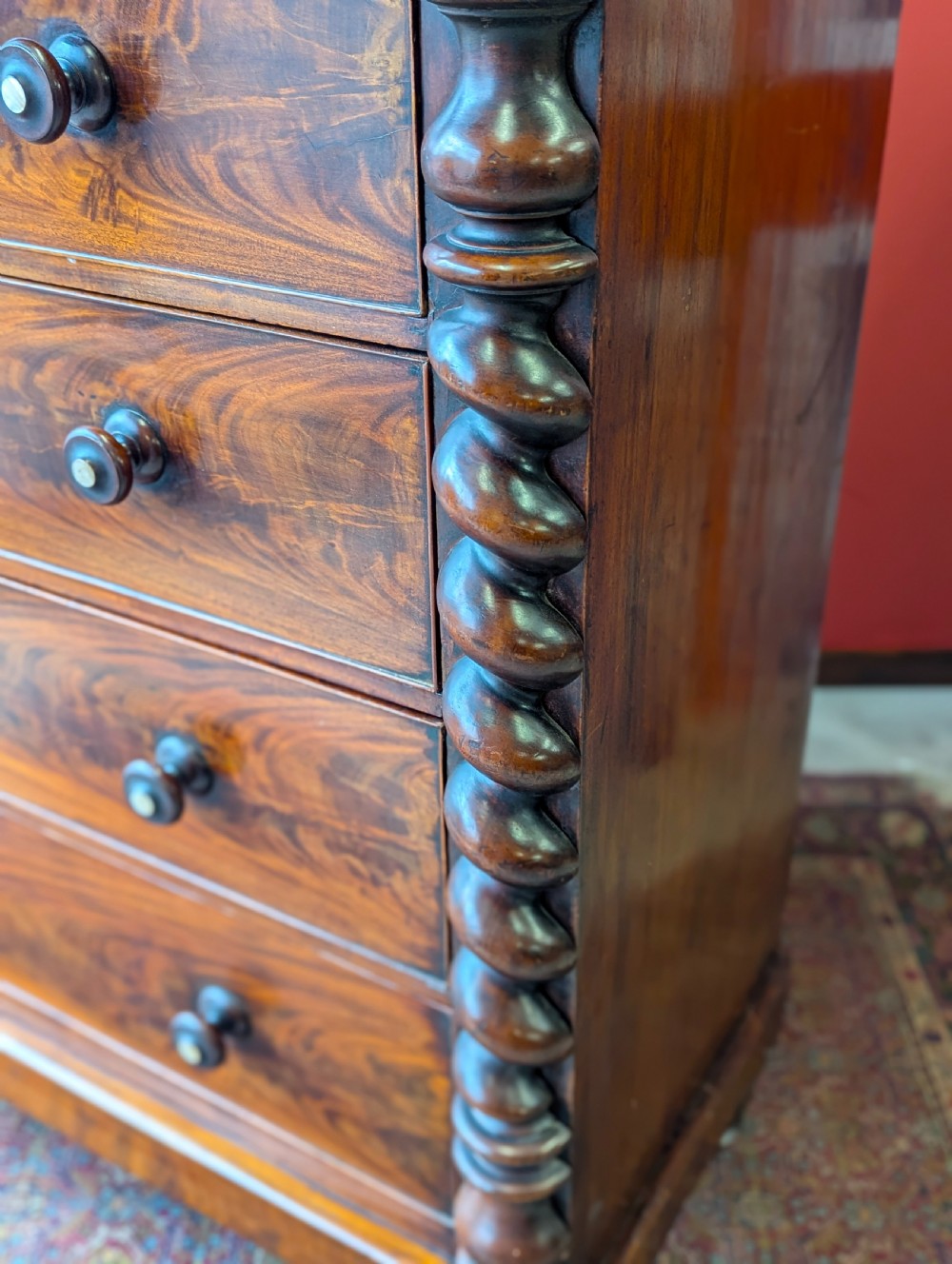 Antique Edwardian Flame Mahogany Scotch Chest of Drawers View VI