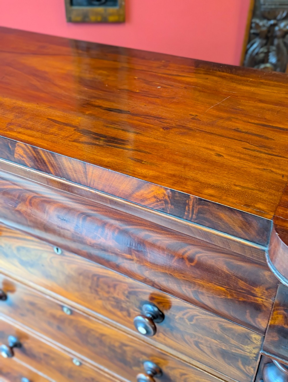 Antique Edwardian Flame Mahogany Scotch Chest of Drawers View VII