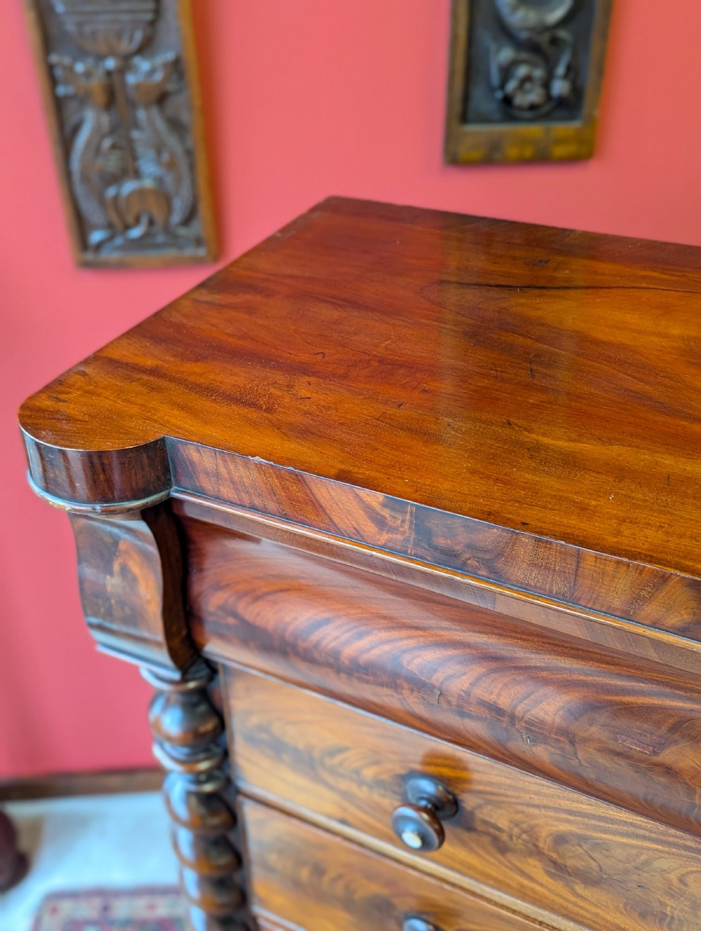 Antique Edwardian Flame Mahogany Scotch Chest of Drawers View VIII