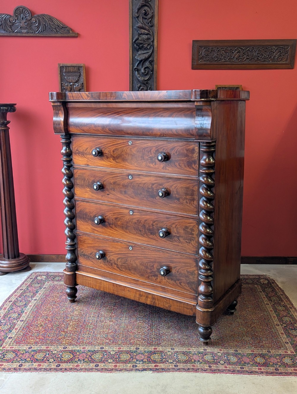 Antique Edwardian Flame Mahogany Scotch Chest of Drawers View IX
