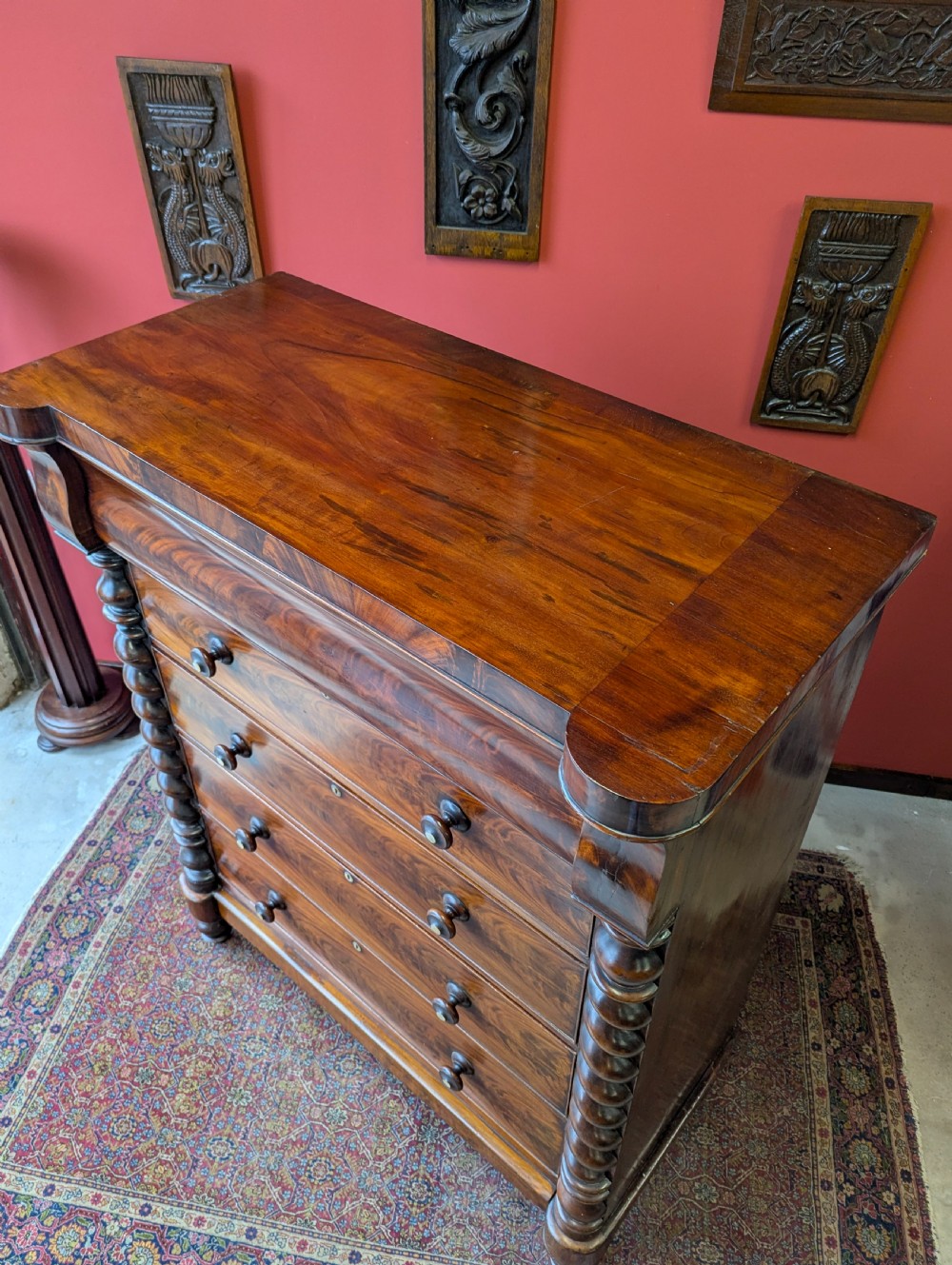 Antique Edwardian Flame Mahogany Scotch Chest of Drawers View X