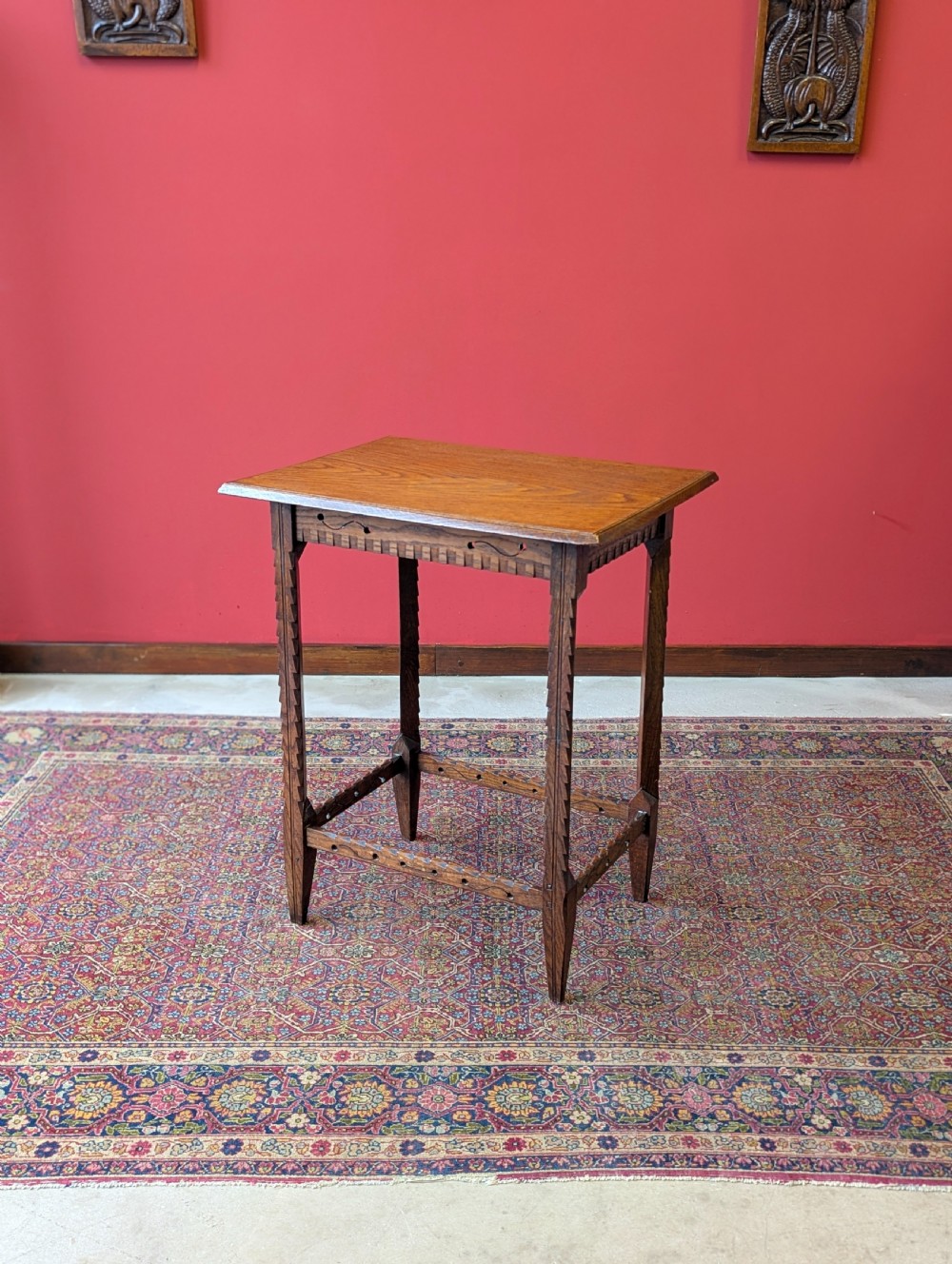 Antique 19th Century Arts & Crafts Movement Carved Golden Oak Occasional Table