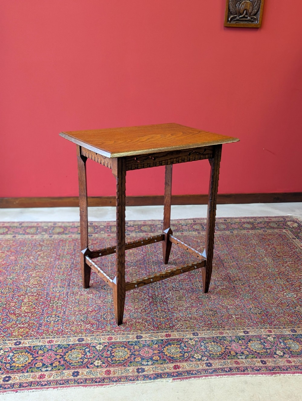Antique 19th Century Arts & Crafts Movement Carved Golden Oak Occasional Table View II