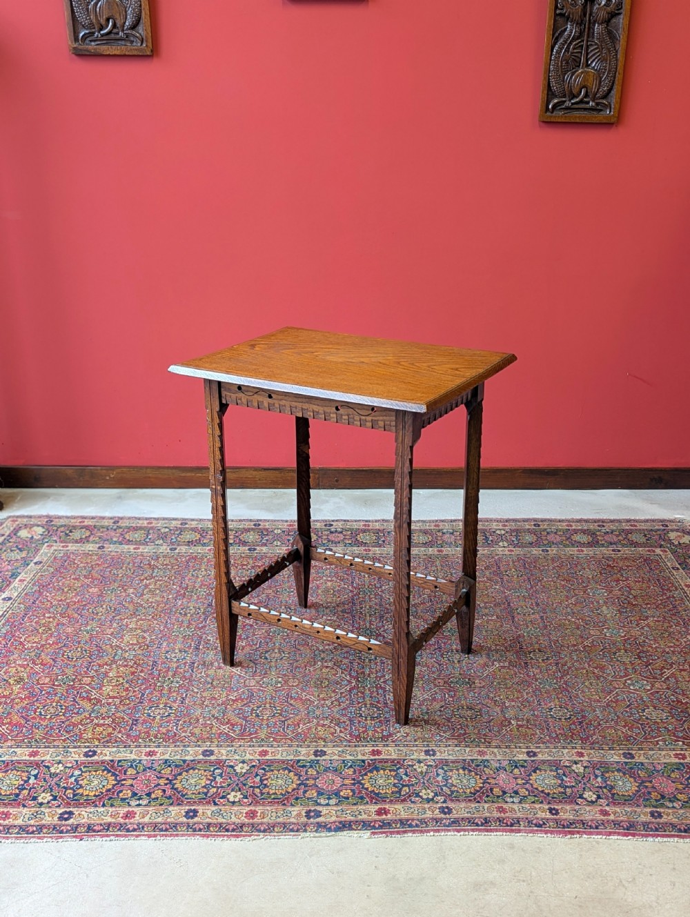 Antique 19th Century Arts & Crafts Movement Carved Golden Oak Occasional Table View IX