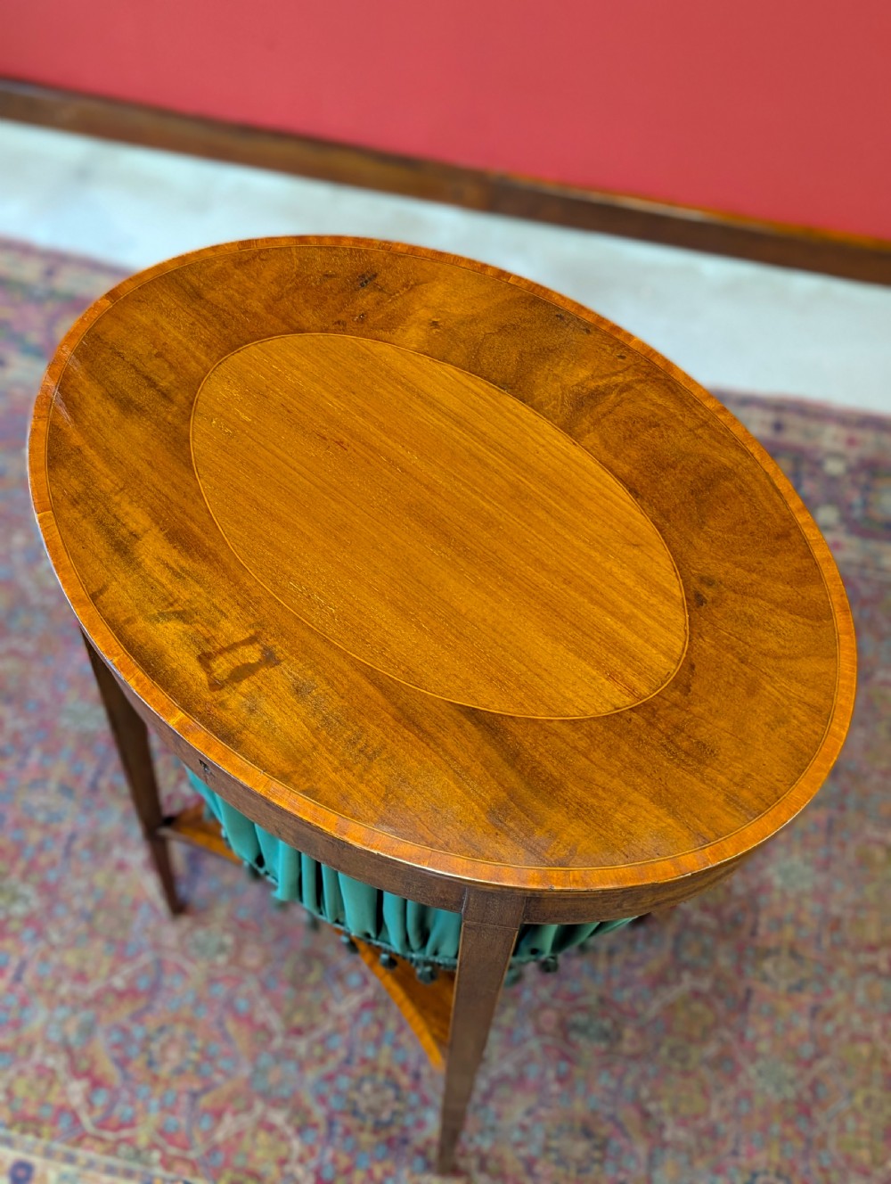 Antique Edwardian Mahogany Oval Sewing Table View II