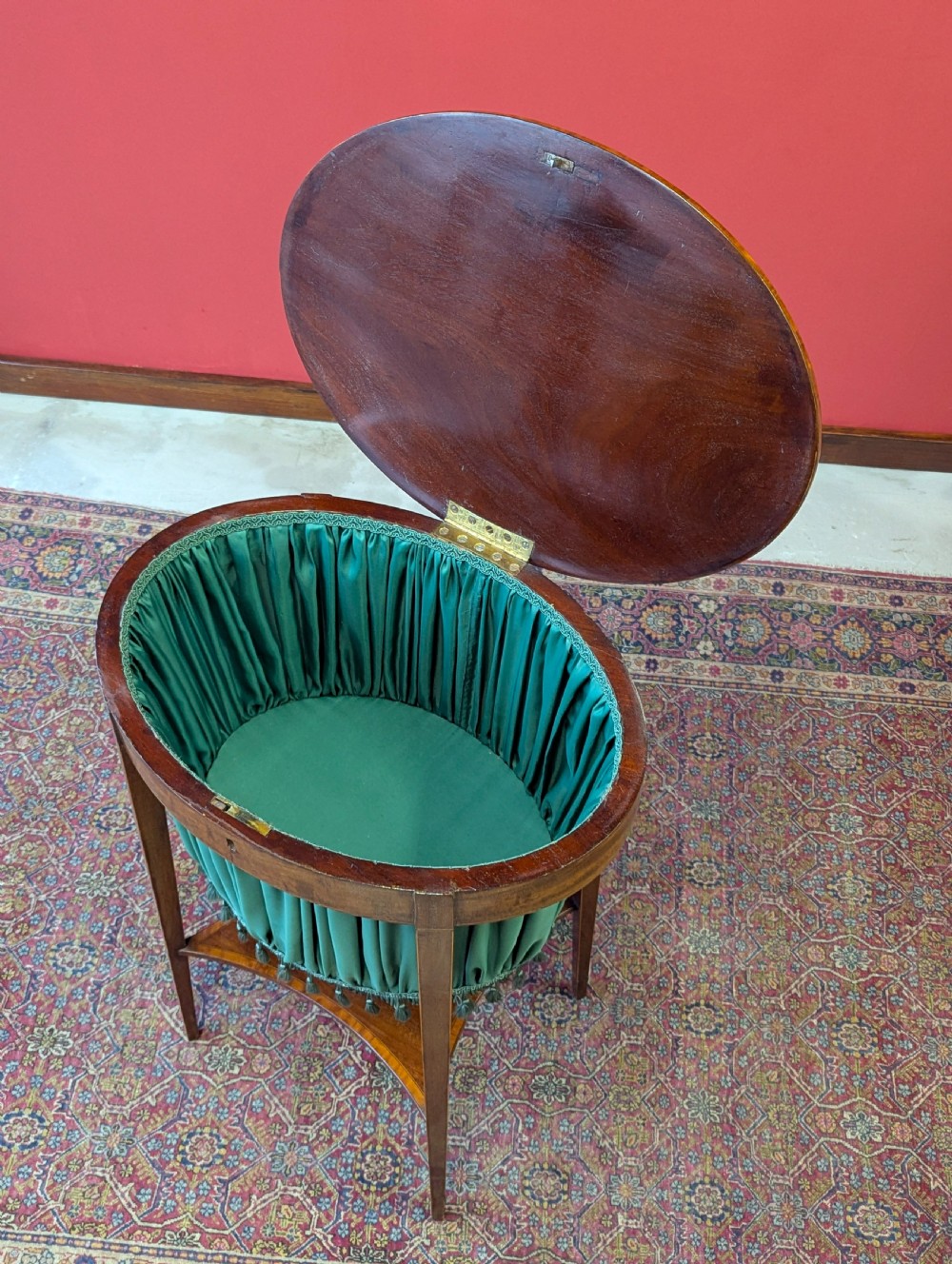 Antique Edwardian Mahogany Oval Sewing Table View III